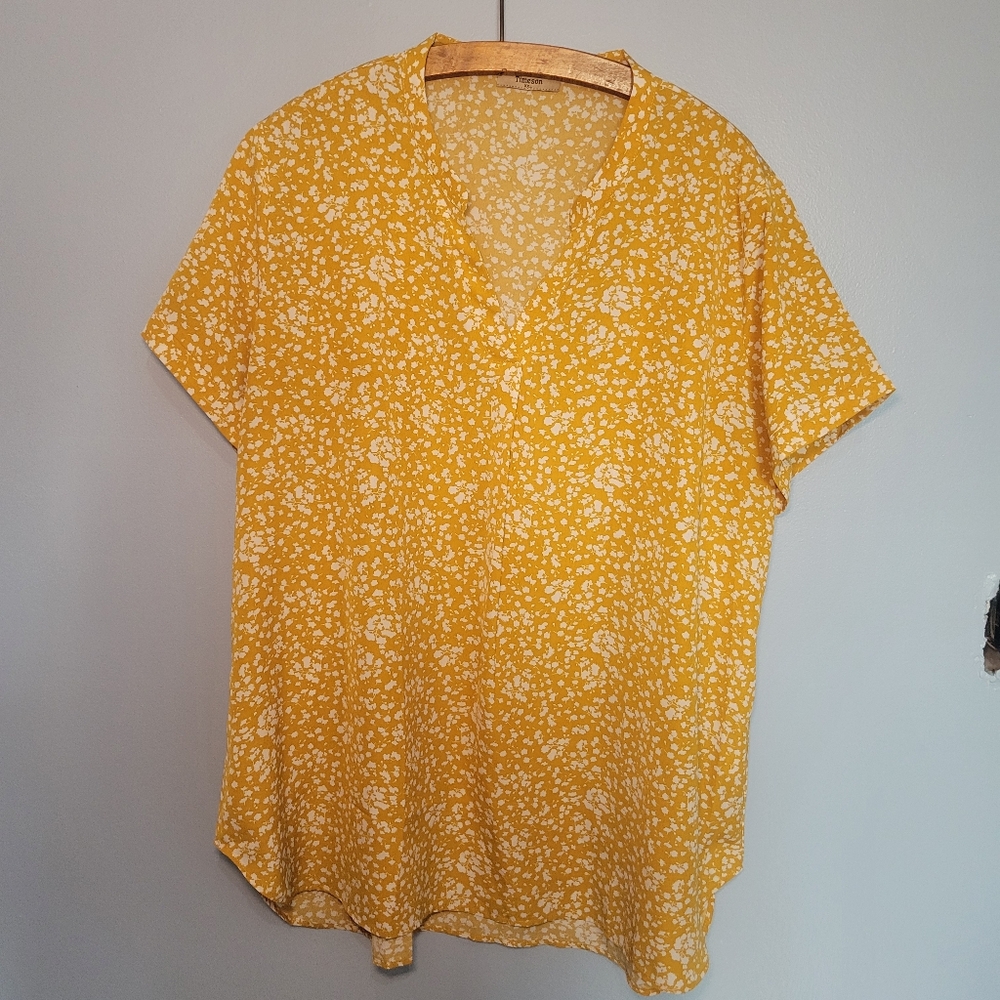 Timeson Women's V-Neck Yellow Floral Short Sleeve‎ Blouse Size XXL